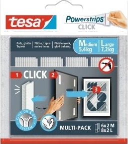 Tesa Powerstrips Click M + L Monteringspute Hvit Innendørs 7,2 Kg