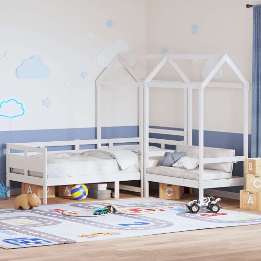 Sett med dagseng og benk med tak hvit 90x190 cm heltre furu 8721102671975
