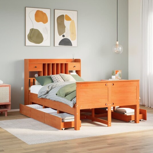  Seng med bokhylle uten madrass voksbrun 135x190 cm heltre furu 8721158383778