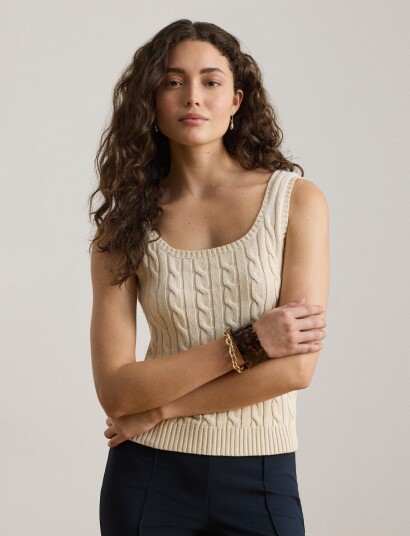 Lauren Ralph Lauren Cable Cotton Blend Sleeveless Sweater Cream L