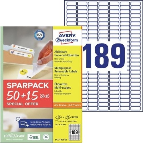 Avery L4731rev 65 Hvit Selvklebende Skriveretikett A4 Papir Laser/Blekkstråleskriver Avtagbar