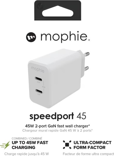Mophie Speedport 45 - Strømadapter - 45 Watt - Pd, Fast Charge - 2 Utgangskontakter (Usb-C) - Hvit - Europa