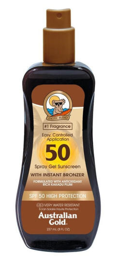 Australian Gold Sunscreen SPF50 Spray Gel w. Instant Bronzer 237 ml