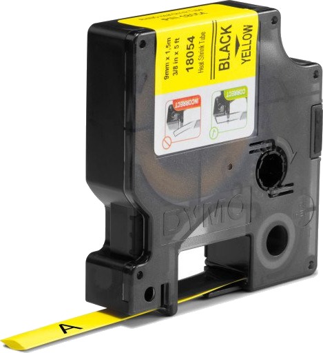 Dymo Rhino 9mm Krympestrømpe gul med sort trykk - 1861647