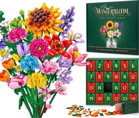 24 dagers julekalendergave Winterbloom blomsterbukett byggeklosssett 2688 deler botanisk hjemmeinnredning adventskalendergave for voksne og familie
