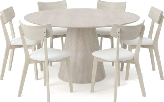 Siena spisegruppe 150 cm rund hvitlasert med 6 Amelia spisestoler med pute Hvitlasert/Beige
