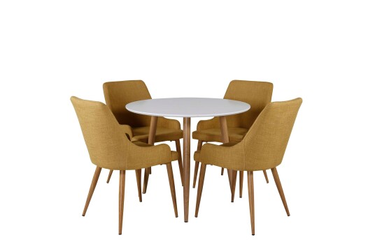 Venture Design Polar & Plaza spisegruppe Hvit/gul 4 st stoler & bord 90 cm