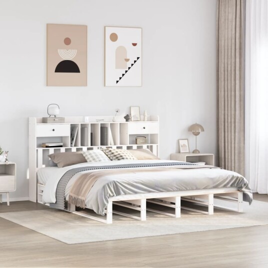  Seng med bokhylle uten madrass hvit 180x200 cm heltre furu 8721158627568