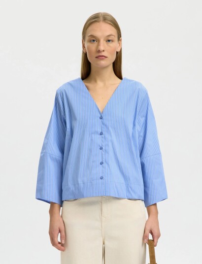 Selected Slfbea 3/4 V Neck Shirt B Blue 40