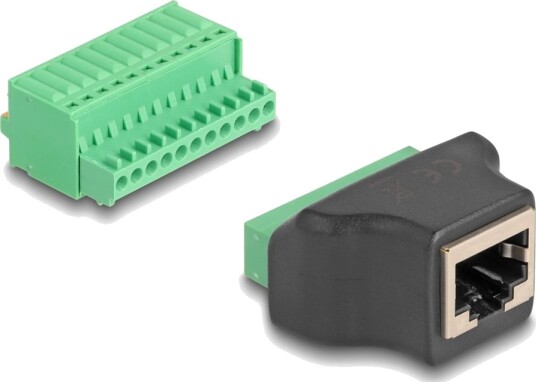 Delock Nettverksadapter Rj-50 Hunn Til 11-Pinners Terminalblokk Stp 2,54 Mm Stigning Stifttilordnin 1:1 Svart/Grønn