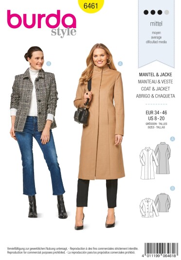 Burda 6461 - Jakke og frakk Eur: 34-46, US: 8-20 Burda 6461 - Jakke og frakk Eur: 34-46, US: 8-20