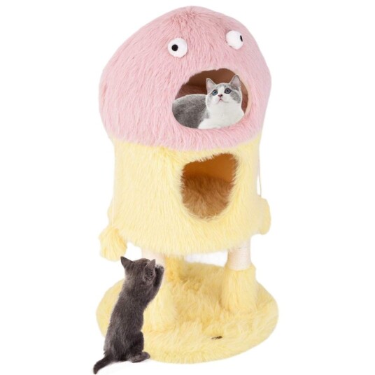 Cwy Liten Skrapestolpe 93Cm Høy Monstertema Kattetre Med 2 Kattehuler Rosa + Gul