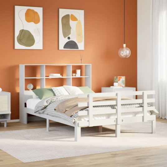 Seng med bokhylle uten madrass hvit 135x190 cm heltre furu 8721158615350