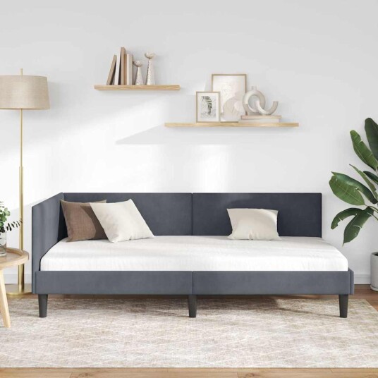 Hjørnesengramme Mørke grå 90 x 190 cm Fløyel og konstruert tre Hjørnesengramme Mørke grå 90 x 190 cm Fløyel og konstruert tre