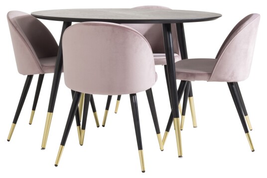 Venture Home Dipp Spisegruppe 115 cm Rund med 4 Velvet Stoler Sort/Guld