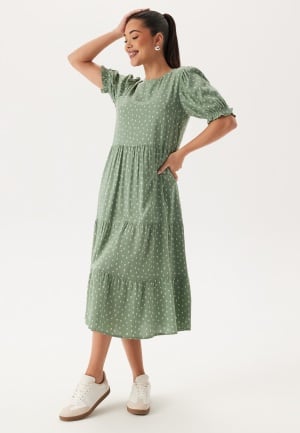 Happy Holly Puff Sleeve Viscose Midi Dress Dusty green/Patterned 40/42