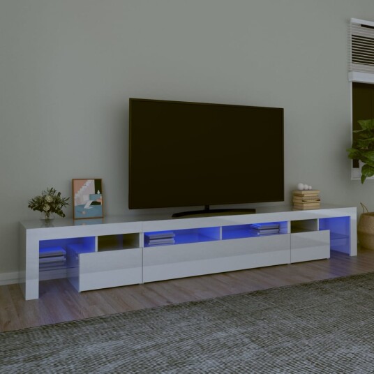 TV-benk med LED-lys høyglans hvit 260x36,5x40 cm