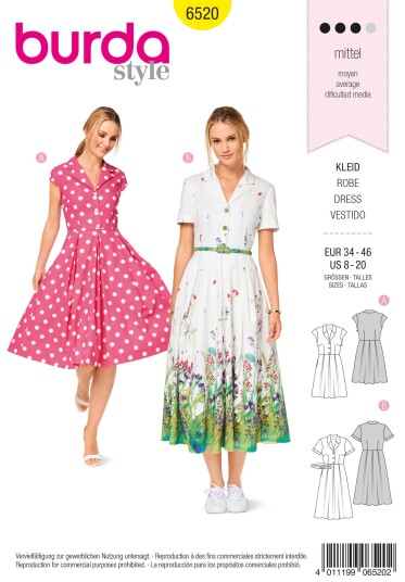 Burda 6520 - Kjole EUR: 34-46, US: 8-20