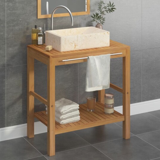 Baderomshylle heltre teak med vask marmor kremhvit