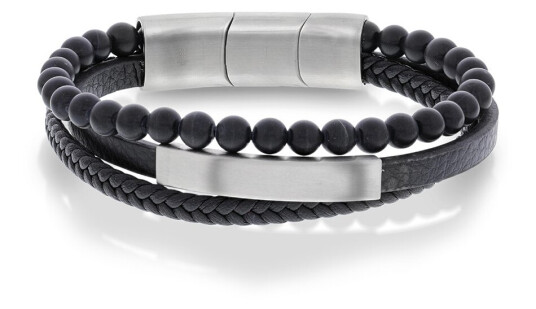 Alexander Armbånd i stål med sort skinn og onyx Alexander Armbånd i stål med sort skinn og onyx