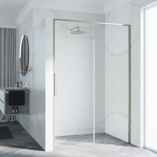 Novellini Riga 2P skyvedør høyre, 166-169 cm, klart glass, børstet stål profil