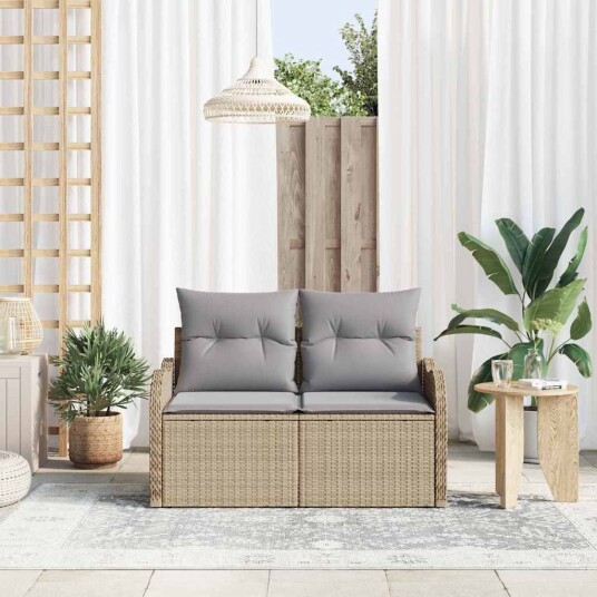2-seters hagesofa med oppbevaring og puter i beige polyrotting 2-seters hagesofa med oppbevaring og puter i beige polyrotting