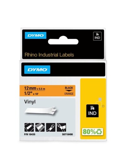 DYMO Rhino industri vinyl tape,12 mm x 5.5 m rull, sort på oransje, selvklebende DYMO Rhino industri vinyl tape,12 mm x 5.5 m rull, sort på oransje, selvklebende