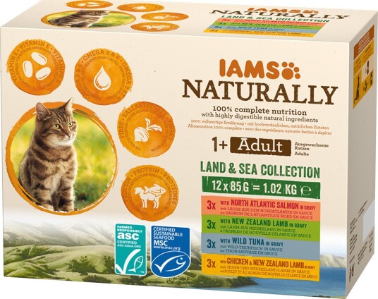 Iams Naturally Senior Land & Sea Collection Våtfôr 36 x 85 g