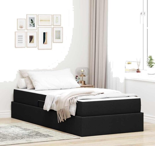 Seng med lagring og madrass Svart 90 x 200 cm Polyester