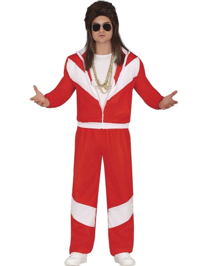 Hvit og Rød 80 Talls Grilldress/Treningsdress Herrekostyme Large