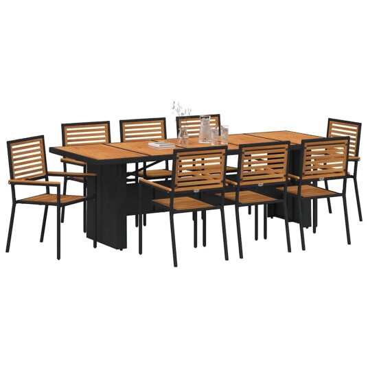  9 Deler Hagedining Set Svart Poly Rattan Akasia