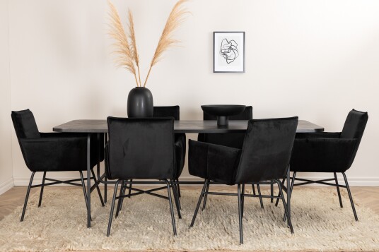 Venture Home Spisegruppe Unnao 200 cm inkl. 6 Pipaon Stoler Svart