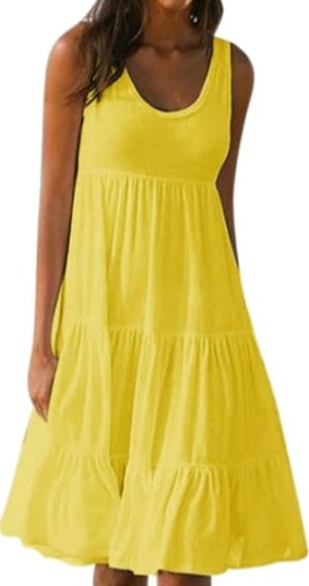 Sommerkjole for kvinner løs passform med volanger mini strand avslappet ferie Yellow