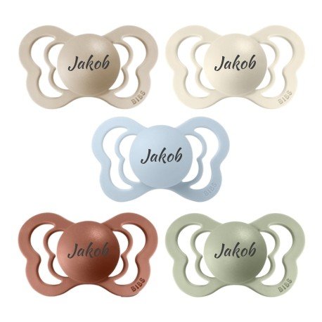 Bibs Couture Str. 2 6+ Md. Anatomisk Silikon Smokker Med Navn  5 pak