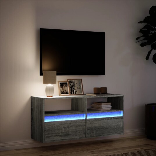 Vegghengt TV-benk med LED grå sonoma 100x31x45 cm 852339