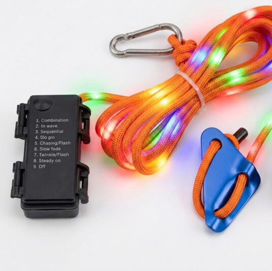 5m oransje tau med RGB lys Med karabinkrok maks. 80kg belastning