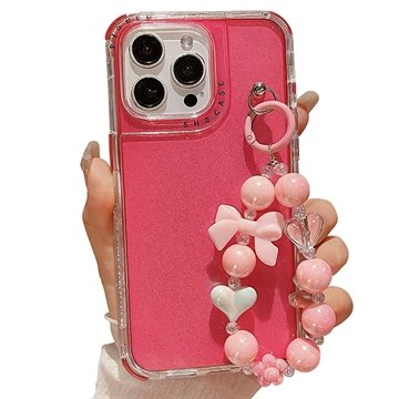 iPhone 16 Pro Max Glitter støtsikkert hybriddeksel med håndleddsstropp   Varm Rosa