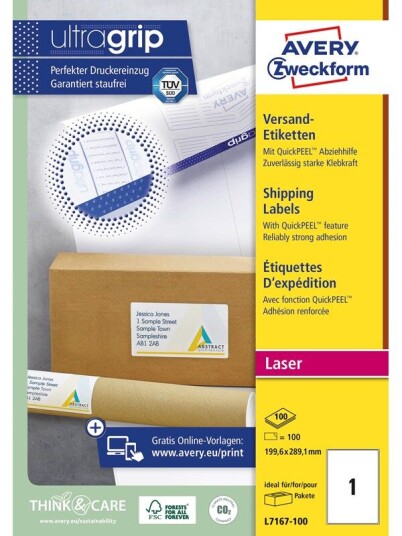Avery Pakkeetiketter med QuickPeel™ & Ultragrip , Til pakker, kasser og rør, 199,6 x 289,1 mm, Laser Avery Pakkeetiketter med QuickPeel™ & Ultragrip , Til pakker, kasser og rør, 199,6 x 289,1 mm, Laser