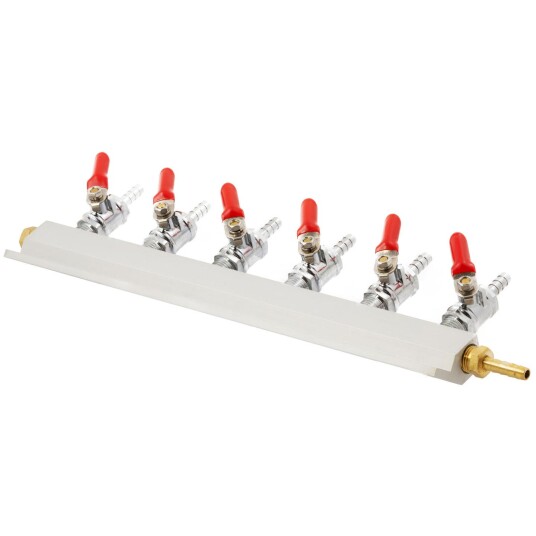 CO2 manifold med 6 uttak, 7 mm nippel med stengeventiler og slangenippel