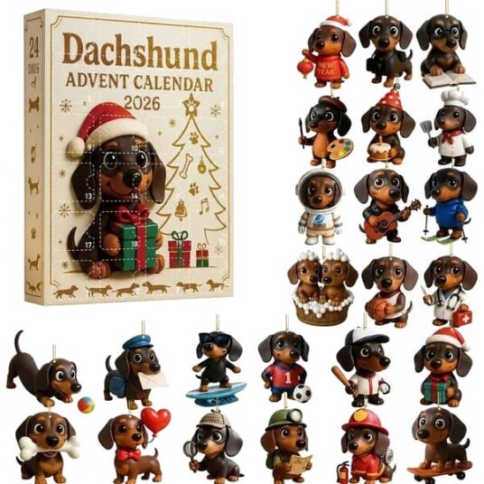 Dachshund Hund Julekalender 2026 – 26cm/10.24in Nedtelling til Jul med 24 Luker Søt Julepynt for Alle Aldre