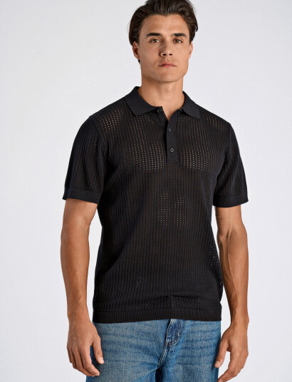 Lindbergh Crochet Knitted S/S Polo - Black - S