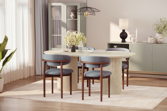 Scandinavian Choice Uppveda Spisebord med travertin look med 4 stk Jaiveer Spisestoler Beige Scandinavian Choice Uppveda Spisebord med travertin look med 4 stk Jaiveer Spisestoler Beige