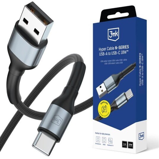 3mk Hyper Cable N SERIES USB A / USB C 1m 9V/2A 18W / svart