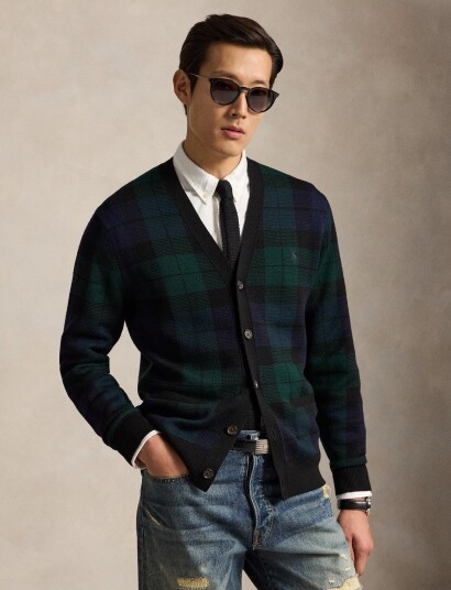 Polo Ralph Lauren Plaid Washable Wool Cardigan Black XL