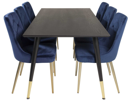 Venture Design Dipp & Velvet spisegruppe Svart/blå 6 st stoler & bord 180 x 90 cm