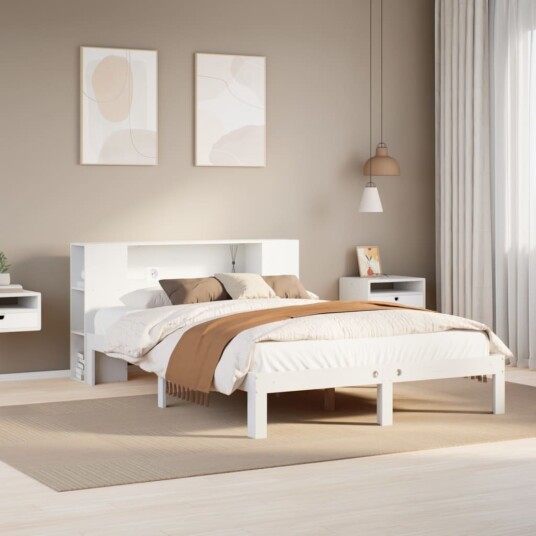  Seng med bokhylle uten madrass hvit 135x190 cm heltre furu 8721158612977
