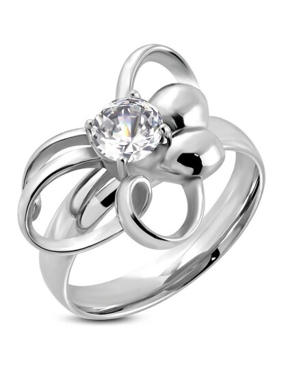 Fancy Flower Sølvfarget Stålring Fattet med CZ Sten Strl 54 x 17,20 mm