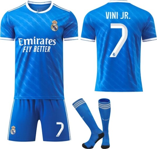 25-26 Real Madrid Bortedrakt Blå Fotballdrakt med Sokker Nr. 7 VINI JR