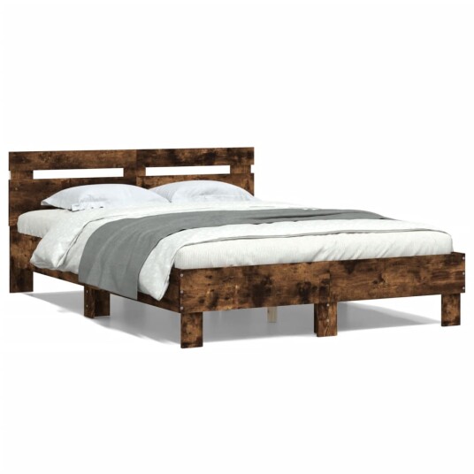 Sengeramme med hodegavl og LED røkt eik 135x190 cm 8721012247888