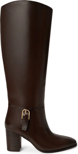 Lauren Ralph Lauren Raelynn Glazed Leather Tall Boot Heel CHESTNUT BROWN 36